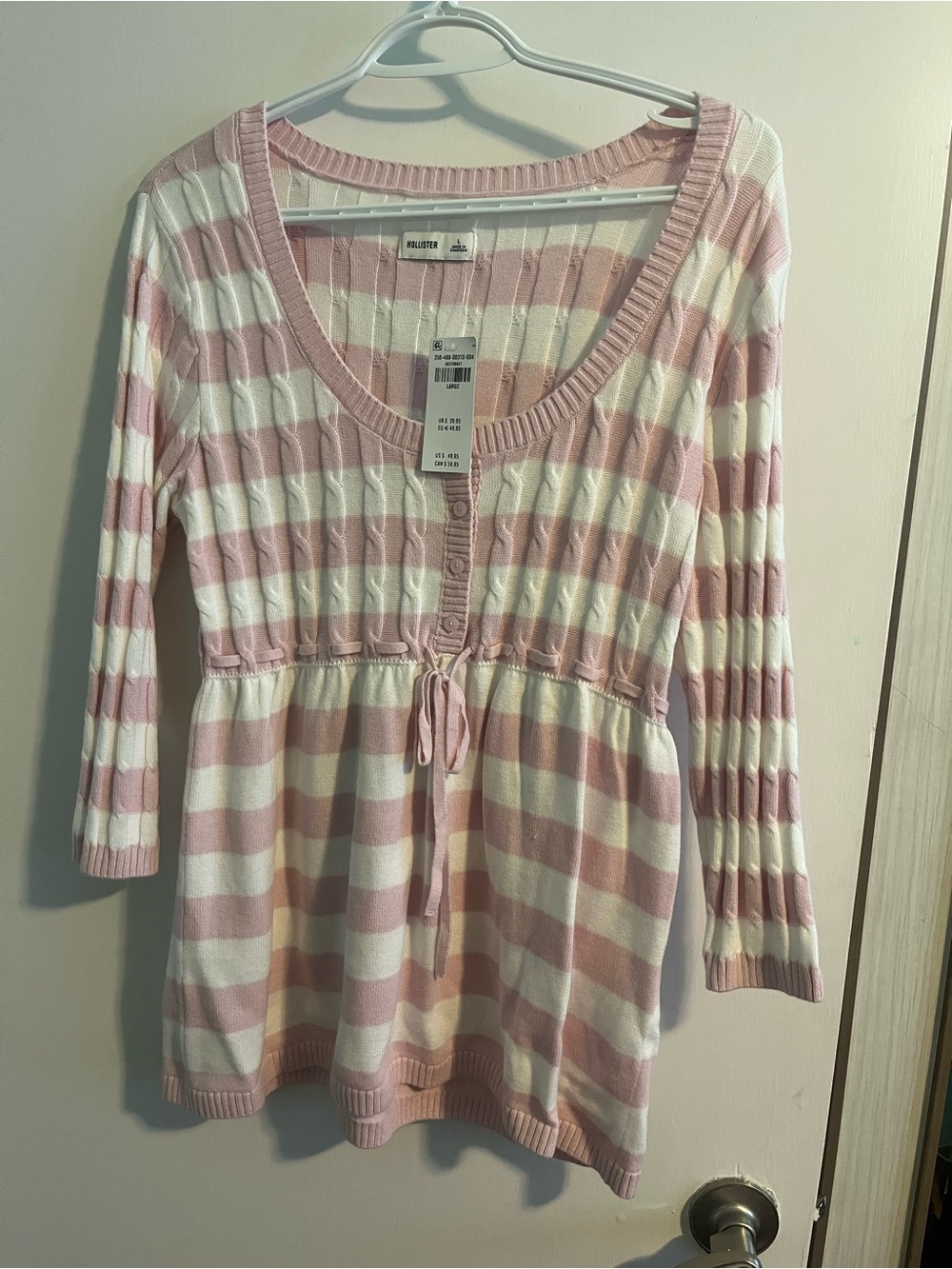 Hollister Pink and White Striped Cable-Knit Button Sweater